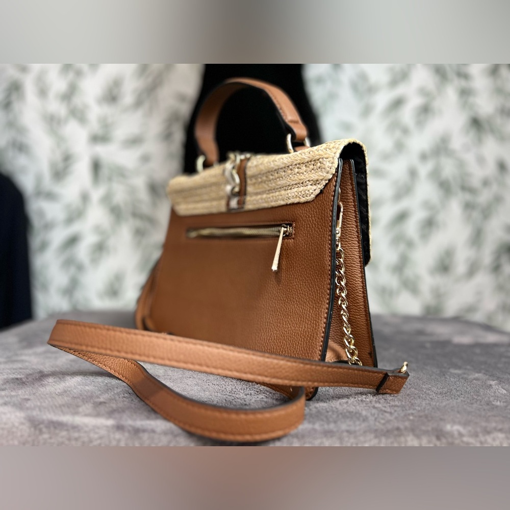 ALDO with Brown/Cream Flap Closure Top Handle Crossbody Strap Gold Hardware Bag - Picture 8 of 13
